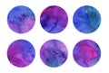 Colorful watercolor circles set. Pink, purple, turquoise and blue round geometric shapes on white background