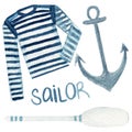 Colorful watercolor sailor collection, vest, anchor, oar, simple lettering. Elements are isolated on a white background. Royalty Free Stock Photo