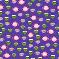 Colorful watercolor cups on violet background. Seamless pattern.
