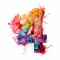 Colorful Watercolor Design Of Number Four On White Background