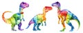 Colorful watercolor dinosaurs in a playful illustration.