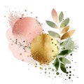 Colorful watercolor floral leafy splash blot stain pattern with gold glitters. Watercolor green olive branch. Beautiful trendy