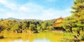 Colorful watercolor hand-painted art illustration : Golden Pavilion Temple / kinkakuji, kyoto