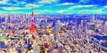 Colorful watercolor hand-painted art illustration : panoramic cityscape of Tokyo city, Japan