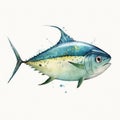 Colorful Watercolor Handpainted Cute Tuna for Baby Book Clipart on White Background AI Generated