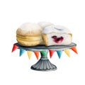 Colorful watercolor Hanukkah donuts on cake stand with festive holiday party flags isolated on white background, jewish