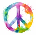 Colorful watercolor hippie peace sign with rainbow colors on white background. Summer illustration. Concept of nostalgia.