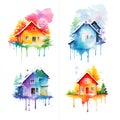 Colorful watercolor houses with dripping paint. Vector illustration isolated on white