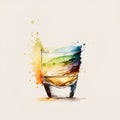 Colorful watercolor illustration of a glass of whiskey with splashes