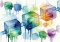 Colorful watercolor illustration of interconnected 3D cubes representing Royalty Free Stock Photo