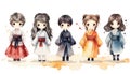 Colorful Watercolor Illustration of a Korean Girl Wearing Various Costumes AI Generated