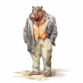 Colorful Watercolor Illustration Of A Vintage Hippo And Man