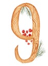 Colorful watercolor illustration, wooden number nine decorated with fir branches and berries. Royalty Free Stock Photo