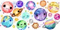 Colorful Watercolor Kawaii Planets and Stars on White Background for Scrapbooking and Posters.