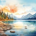 Colorful Watercolor Landscape With Mountains And Lake Royalty Free Stock Photo