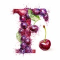 Colorful Watercolor Letter F With Cherries Splashes On White Background