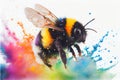 Cute big round fluffy bumblebee bee flying rainbow