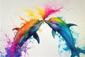 Colorful rainbow dolphin dolphins kissing watercolor painting Royalty Free Stock Photo