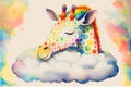 Giraffe sleeping on a cloud beacuse he\'s so tall watercolor