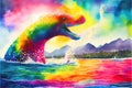 Colourful rainbow Nessie the Loch Ness Monster watercolor painting animal animals