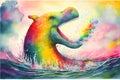 Colourful rainbow Nessie the Loch Ness Monster watercolor painting animal animals