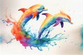 Colorful rainbow jumping dolphin dolphins watercolor painting