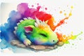 Colourful rainbow sleeping baby dragon watercolor painting animal animals