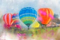 Colorful watercolor painting balloon above a flower field at a national balloon festival