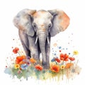 Colorful Watercolor Painting of a Delightful Baby Elephant in a Flower Field Wildlife Art Ideal for Art Prints and Greeting