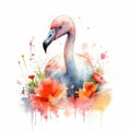 Colorful Watercolor Painting of a Delightful Baby Flamingo in a Flower Field Animal Art, Nature Art Ideal for Art Prints and