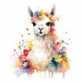 Colorful Watercolor Painting of a Delightful Baby Llama in a Flower Field Animal Art Ideal for Greeting Cards and Art Prints