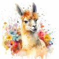 Colorful Watercolor Painting of a Delightful Baby Llama in a Flower Field Animal Art Ideal for Greeting Cards and Art Prints