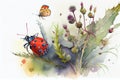 Cute watercolor illustration of a ladybug and butterfly making friends in the garden Royalty Free Stock Photo