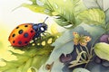 Cute watercolor illustration of a ladybug and butterfly making friends in the garden Royalty Free Stock Photo