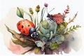 Cute watercolor illustration of a ladybug and butterfly making friends in the garden Royalty Free Stock Photo