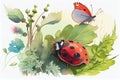 Cute watercolor illustration of a ladybug and butterfly making friends in the garden Royalty Free Stock Photo