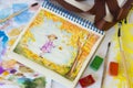 Colorful watercolor painting of little girl surrounded by autumn landscape Royalty Free Stock Photo