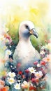 Colorful Watercolor Painting of a Sweet Baby Albatross in a Flower Field Ideal for Art Prints and Greeting Cards.