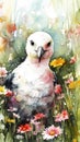 Colorful Watercolor Painting of a Sweet Baby Albatross in a Flower Field Ideal for Art Prints and Greeting Cards.