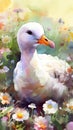 Colorful Watercolor Painting of a Sweet Baby Albatross in a Flower Field Ideal for Art Prints and Greeting Cards.