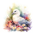 Colorful Watercolor Painting of a Sweet Baby Albatross in a Flower Field Ideal for Art Prints and Greeting Cards.