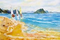 Colorful watercolor paintings with boat, sail on sea