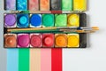 Colorful of Watercolor palette and paintbrush  on colorful background Royalty Free Stock Photo