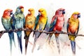 Colorful Watercolor of Parrots Perching. AI generated Illustration