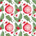 Colorful watercolor pattern with festive and Christmas elements, holly leaves and berries and Christmas tree toy ball with a snowf Royalty Free Stock Photo