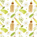 Watercolor pattern, roller and scraper, oil, chamomile on a white background. For wrapping, various beauty products, etc Royalty Free Stock Photo