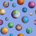 Colorful watercolor planets seamless pattern