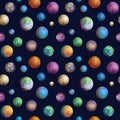 Colorful watercolor planets seamless pattern