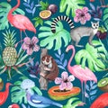 Colorful watercolor seamless pattern with flamingo and ibis, lemurs, tropical fruits and monstera leaves Royalty Free Stock Photo