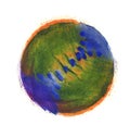 Colorful watercolor sphere. Abstract painting. Blue, yellow, brown and green pigments. Royalty Free Stock Photo